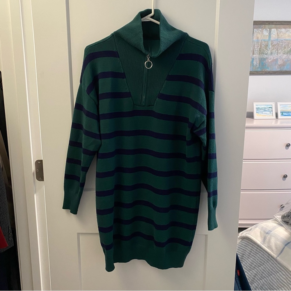 Striped Sweater Dress with Zip Turtleneck